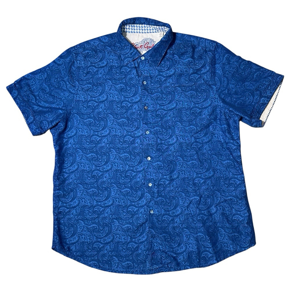 Robert Graham Shirt Mens XXL 2XL Blue Paisley Button S/S Linen Cotton Blend EUC